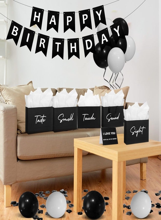 Soulchen 5 Senses Gift Bags for Him Her with Labels, Valentines Day Five Senses Gift Birthday Party Decoration Tissue Paper Handles, Comes with Rose Petals Banner Balloons for Party(Black White) - Image 4